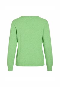 Zeleno pulover, pletenina, okrogla izreza, rebrast rob in manšete, dolgi rokavi, enostavna tekstura, brezšiven dizajn na hrbtni strani.