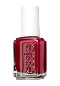 Rode nagellak in een vierkante glazen fles, gelabeled "essie." De dop is wit en de nagellak heeft een glanzende afwerking.