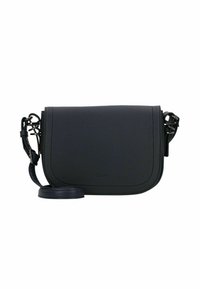 Schwarze Leder-Crossbody-Tasche mit strukturiertem Finish, gewölbtem Klappenverschluss und verstellbarem Trageriemen. Auf der Vorderseite mit minimalem Branding versehen.