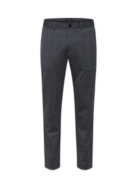 Sötétszürke, textúrált anyagból készült, slim fit nadrág, egyetlen gombos záródással és szabott dizájnnal.