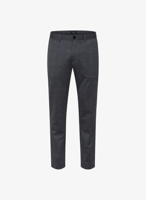 Pantalones gris oscuro de tejido texturizado con corte slim, que cuentan con un cierre de botón único y un diseño ajustado.