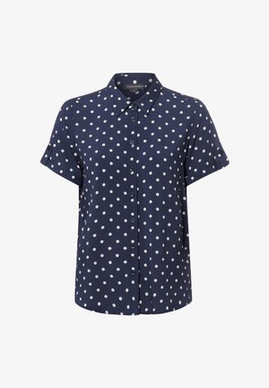 Marineblauw overhemd met korte mouwen, witte polkadots en een klassieke kraag, met knoopdetails op opgerolde mouwen.
