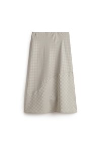 Falda midi de color beige claro con un sutil patrón a cuadros, forma ligeramente acampanada y cinturilla elástica para mayor comodidad. Textura suave.