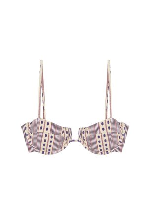 Sujeción en tela estampada con base crema, que presenta rayas y puntos morados. El diseño incluye aros y tirantes ajustables.