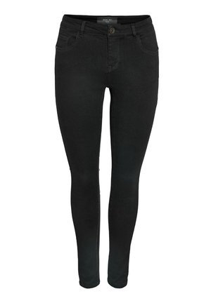 Zwarte denim jeans met een skinny fit, vijf zakken, een frontale knop- en ritssluiting, en subtiele stikdetails. Gladde textuur.