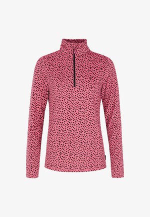 Roze lange mouw pullover met een hoge kraag, voorzien van een kwartrits en een zwart abstract gestippeld patroon door de stof.