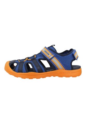 Blue and black mesh kids' sandal with orange sole, adjustable Velcro straps, and Geox branding on strap and side.