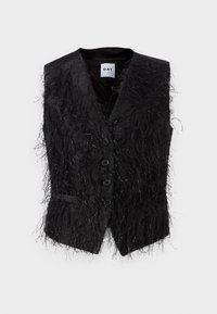 Black sleeveless vest with a textured, fringed design; features shiny accents, five buttons, and a single pocket on the left.