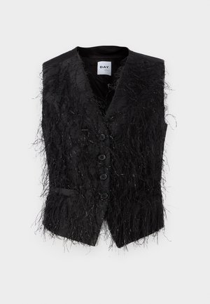 Sort ærmeløs vest med et struktureret, frynset design; har blanke detaljer, fem knapper og en enkelt lomme på venstre side.