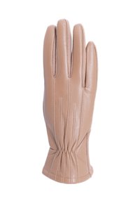 Guanto in pelle marrone con tre sezioni delle dita, dettaglio arricciato al polso e sottili accenti di cucitura. Texture liscia con design aderente.