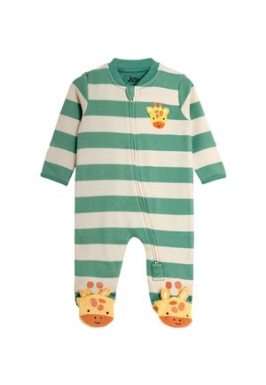 Detský overal s dlhým rukávom so zelenobielymi pruhmi, predný zips, nášivka žirafy na hrudi a pripevnené papučky s motívom tváre žirafy.