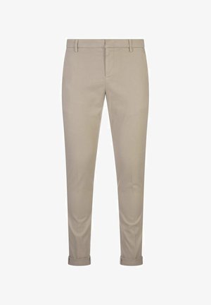 Chino beige con vestibilità slim, caratterizzati da un frontale piatto, risvolti e una texture di tessuto liscia. Design semplice senza motivi o accenti visibili.