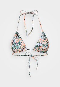 Kwiatowy top bikini z trójkątnymi miseczkami, wiązany na szyi i plecach, w wielokolorowy wzór kwiatowy na czarnym tle oraz w wąskich ramiączkach.