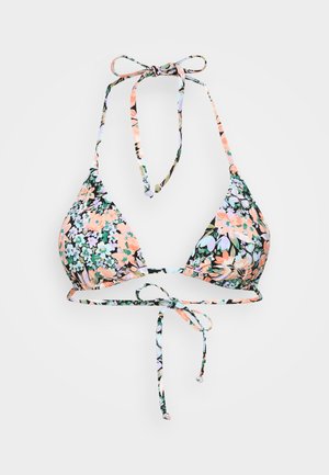 Floral bikini top featuring triangle cups, ties at neck and back, multi-colored floral pattern on a black background, and narrow straps.