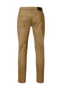 Hellbraune Baumwollhosen mit schmaler Passform, fünf Taschen und einem schwarzen Bundakzent. Der Stoff hat eine glatte Textur mit dezentem Glanz.