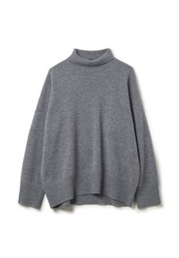 Grauer Pullover mit hohem Kragen, lockerer Passform und gerippten Bündchen. Hergestellt aus weichem Material, mit glatter Textur und dezenten Stickdetails.