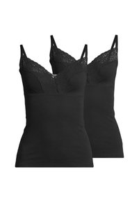 Schwarze Tops im Doppelpack, mit Spitzenbesatz an den V-Ausschnitten und verstellbaren Trägern, aus weichem Stretchmaterial gefertigt.