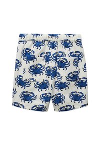 Shorts imprimés de crabes bleus en tissu léger, avec une taille élastique et deux poches arrière, sur un fond blanc.