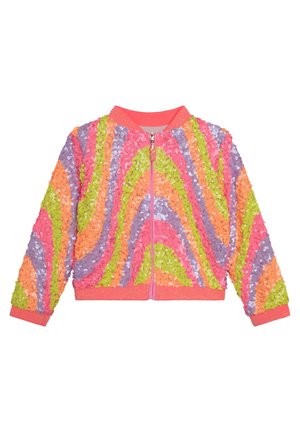 Børnejakke med lynlås med pink, orange, grønne og lilla bølgede palietstriber samt koralfarvet ribbet krave, manchetter og taljebånd.