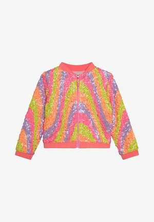 Børnejakke med lynlås med pink, orange, grønne og lilla bølgede palietstriber samt koralfarvet ribbet krave, manchetter og taljebånd.