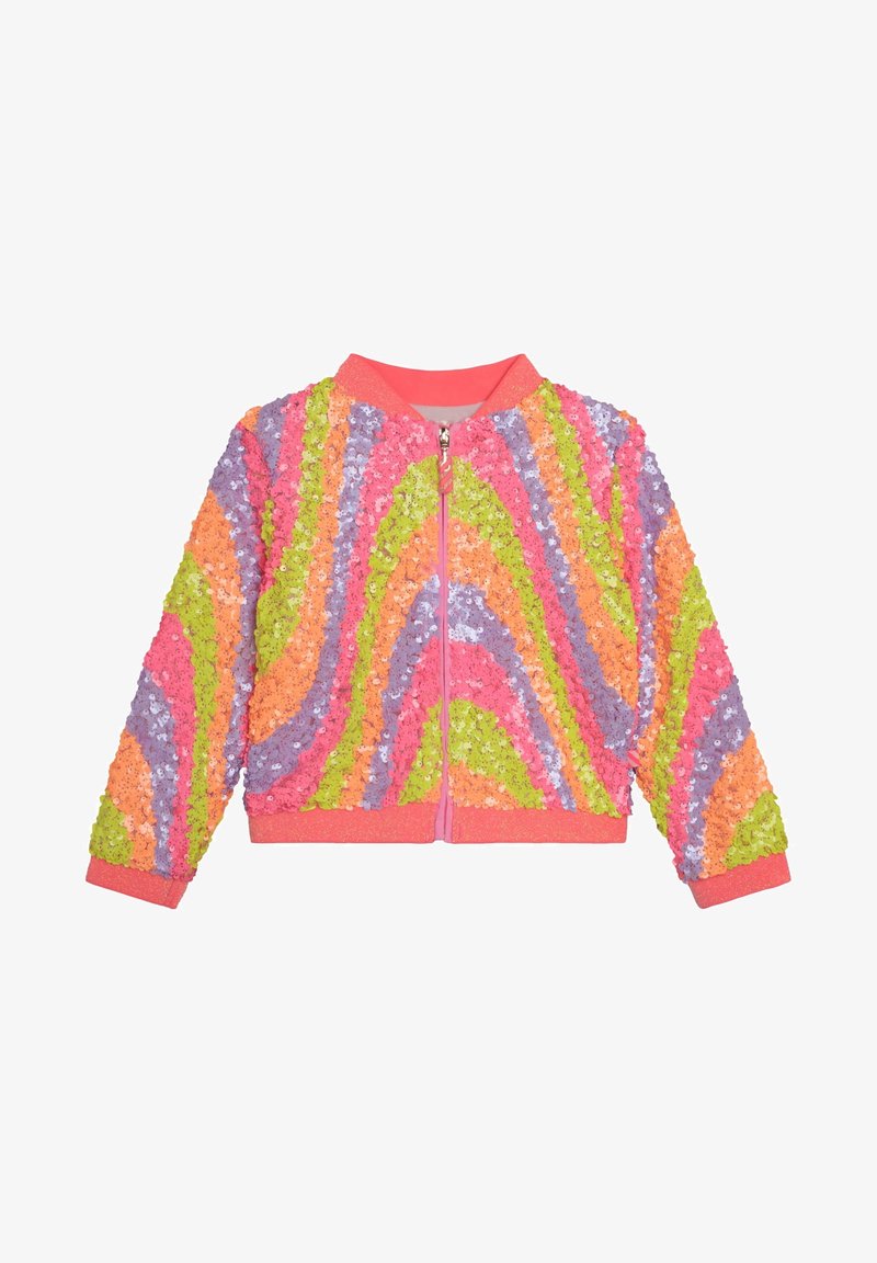 Veste zippée pour enfants avec des rayures ondulées en sequins rose, orange, vert et violet, et un col, des poignets et une ceinture côtelés corail.