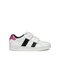 Sneakers bianchi con strisce di glitter nero, tacco metallizzato rosa e strap in velcro. Realizzati in materiale sintetico, presentano una superficie testurizzata.