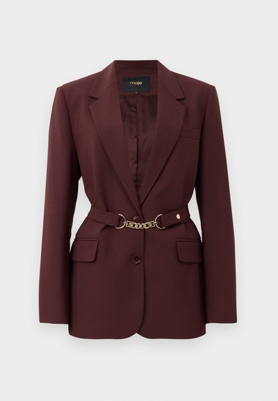 Burgundy blazer with a fitted design, two front pockets, a single button closure, and a gold chain belt accent. Suitable for formal contexts.