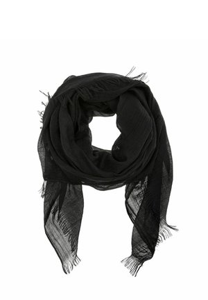 Czarny szalik wykonany z lekkiego, przejrzystego materiału z postrzępionymi brzegami, uformowany w okrągły kształt. Charakteryzuje się miękką, zwiewną teksturą.