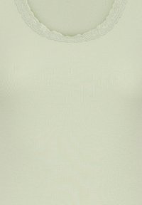 Light green ribbed fabric with a lace-trimmed round neckline on close-up of a garment.