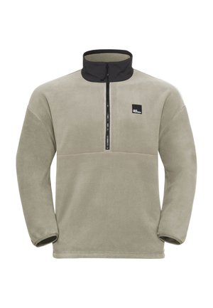Fleece pullover sweatshirt in lichtgrijs met een zwarte opstaande kraag, een halve ritssluiting aan de voorkant, en een horizontaal grijze paneel over de borst.