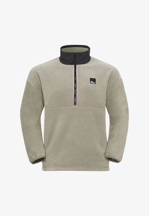 Fleece-Pullover-Sweatshirt in Hellgrau mit einem schwarzen Stehkragen, halber Reißverschluss vorne und einem horizontalen grauen Einsatz über der Brust.