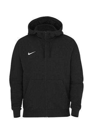 Felpa nera con zip completa Nike, dotata di tasche frontali, cappuccio con cordino e logo Nike swoosh bianco sul lato sinistro del petto.