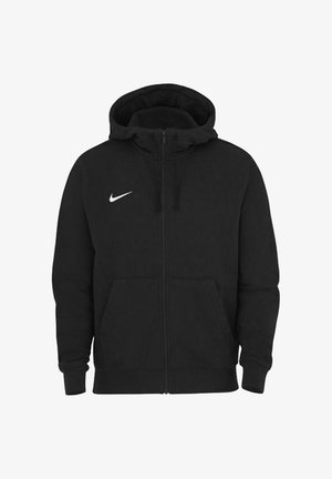 Felpa nera con zip completa Nike, dotata di tasche frontali, cappuccio con cordino e logo Nike swoosh bianco sul lato sinistro del petto.
