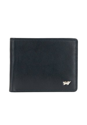 Portafoglio in pelle blu navy con una texture liscia, design pieghevole a due scomparti e un sottile logo del toro argentato sul davanti. Presenta cuciture visibili.