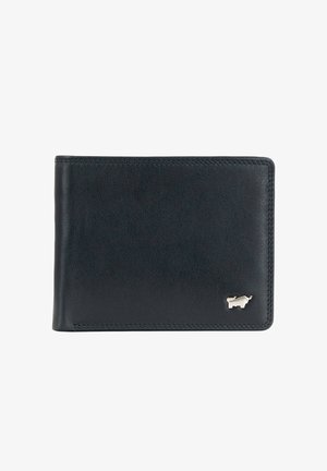 Portafoglio in pelle blu navy con una texture liscia, design pieghevole a due scomparti e un sottile logo del toro argentato sul davanti. Presenta cuciture visibili.