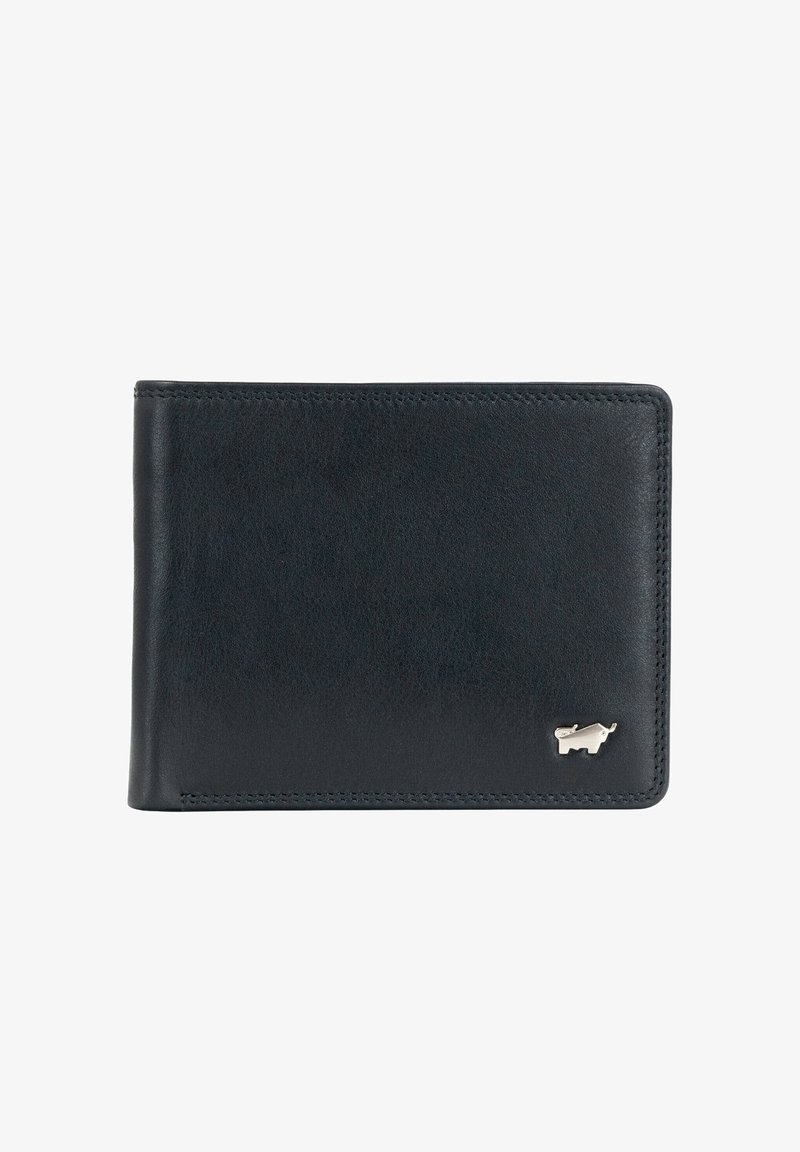 Portafoglio in pelle blu navy con una texture liscia, design pieghevole a due scomparti e un sottile logo del toro argentato sul davanti. Presenta cuciture visibili.