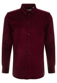 Burgunderrotes Hemd aus weichem Stoff mit Kragen, langen Ärmeln und schwarzen Knöpfen vorne.