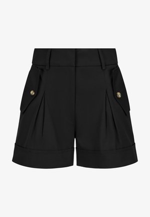 Zwarte shorts met hoge taille, omgeslagen zoom, voorplooien, riemlussen en met knopen afsluitbare klepzakken aan beide zijden.