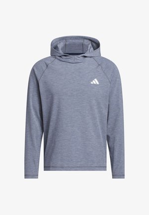 Langærmet hættetrøje i stenet grå med Adidas-logo på venstre bryst, designet til sport eller afslappet brug.