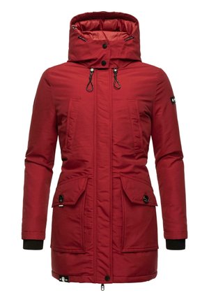 Red parka jacket with a high hood, two front pockets, snap buttons, elastic cuffs, and drawstrings for adjustable fit. Smooth texture.
