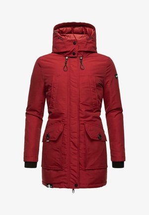 Red parka jacket with a high hood, two front pockets, snap buttons, elastic cuffs, and drawstrings for adjustable fit. Smooth texture.