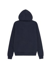 Felpa con cappuccio blu navy realizzata in tessuto misto cotone, caratterizzata da una superficie liscia e da polsini e orlo a coste, che mostra la vista sul retro.