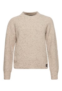 Pull beige clair en tricot avec un motif texturé, col rond et poignets côtelés. Petite étiquette avec logo en bas à gauche.