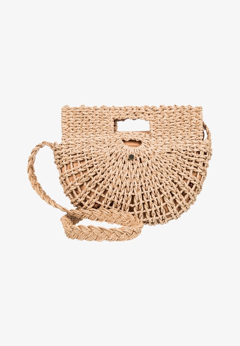Borsa a tracolla in paglia intrecciata di colore beige, con forma semicircolare, manici a forma rettangolare e spallaccio intrecciato.