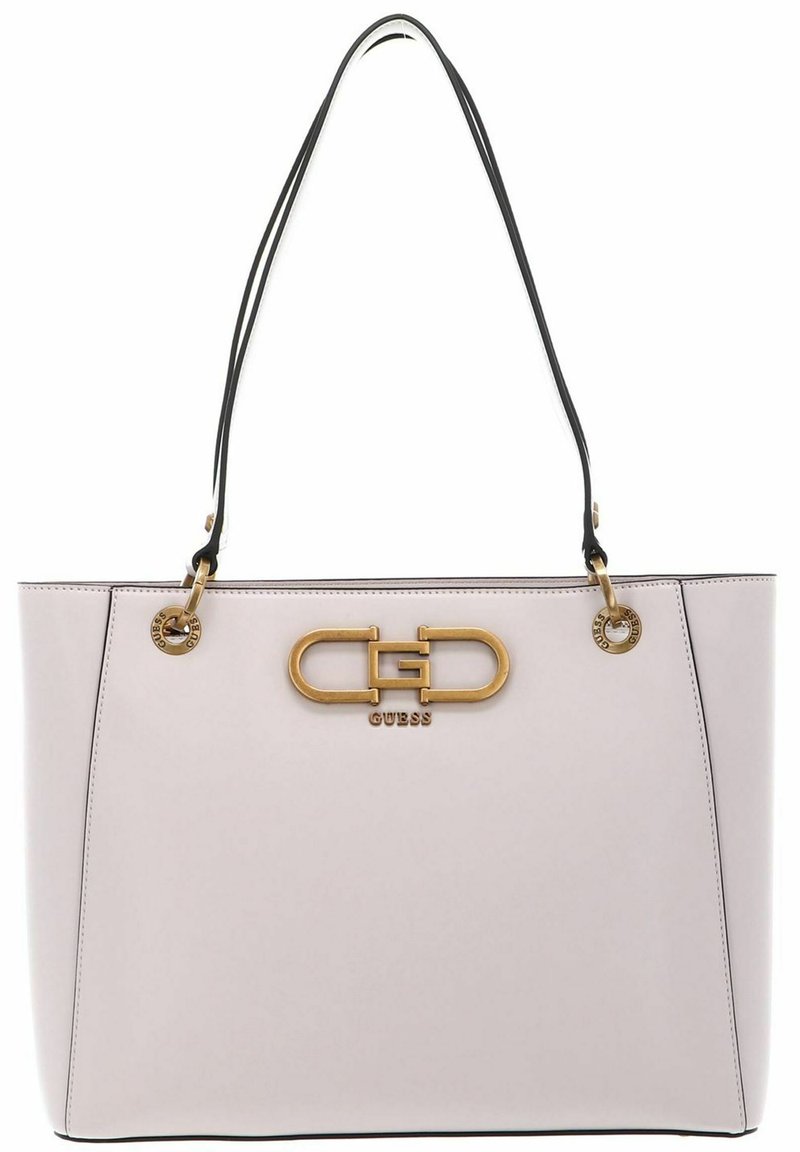 Borsa a tote rosa chiaro con manici in pelle nera, dettagli in oro e logo. Texture liscia, forma strutturata e bordi a contrasto.
