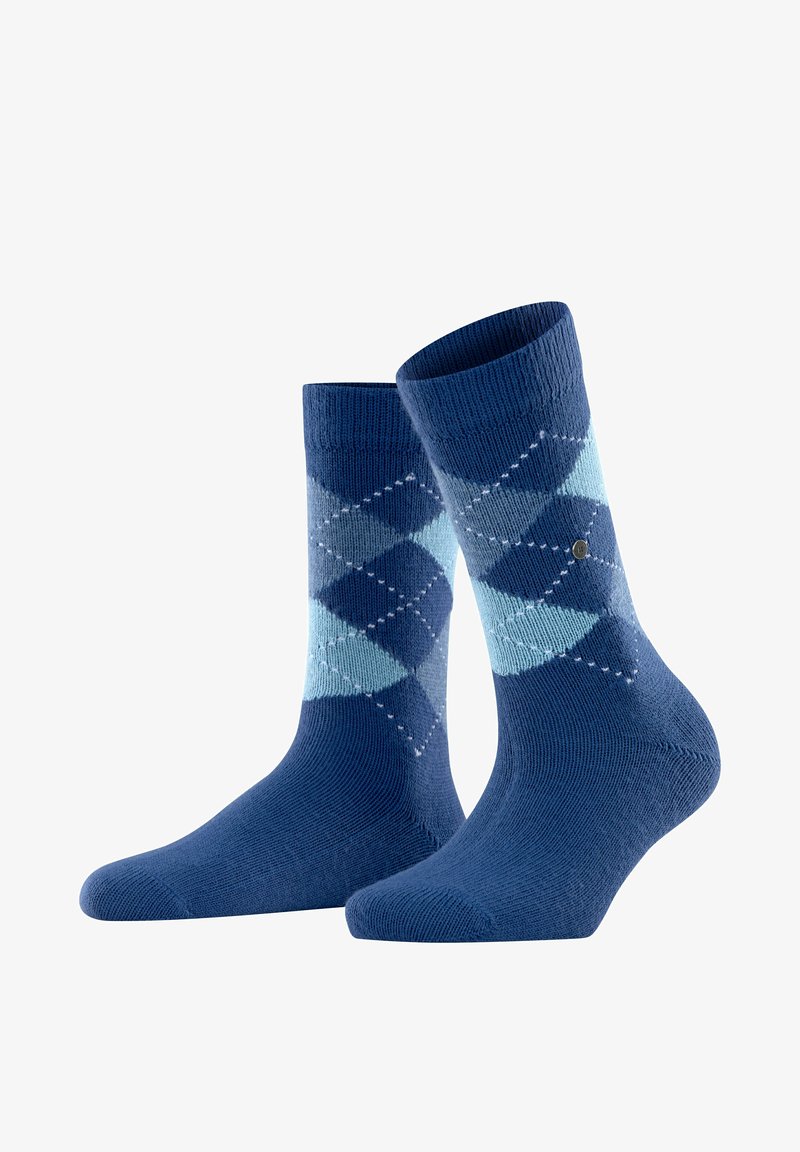 Granatowe skarpetki w wzór diamentowy w jasnoniebieskich odcieniach, z teksturowanym ściągaczem i wzmocnionym palcem. Zawierają mały detal z logo.