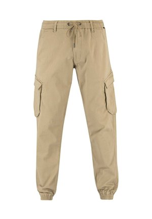 Pantalones jogger cargo beige con cinturilla elástica y cordón, bolsillos laterales con solapa y puños elásticos en los tobillos.