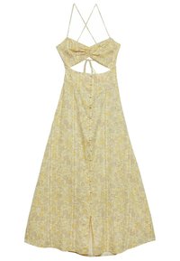Robe mi-longue jaune à motif floral avec fines bretelles, buste froncé, détail découpé et fermeture boutonnée à l'avant. Tissu doux avec une texture subtile.