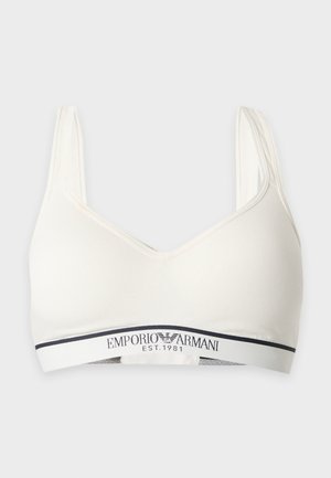 Hvid bh med bløde skåle og brede skulderstropper samt et elastisk bånd med teksten Emporio Armani est. 1981 i sort.