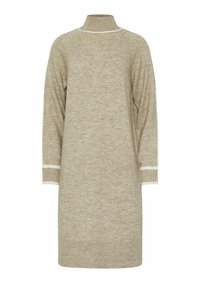 Abito lavorato a maglia beige con colletto alto, maniche lunghe e dettagli a strisce bianche ai polsini. Tessuto morbido e vestibilità rilassata.
